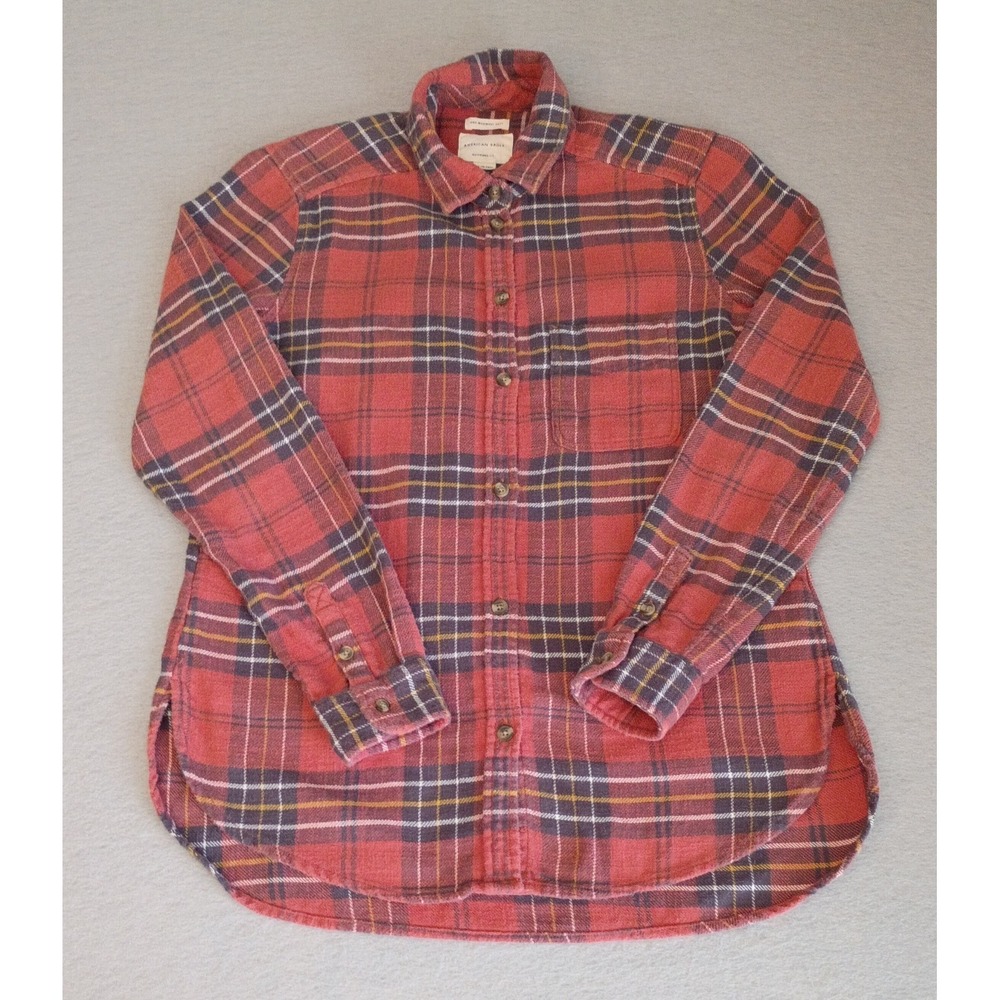 American‎ Eagle Amazingly Soft Boyfriend Fit Flannel Shirt XS Orange Brown Plaid